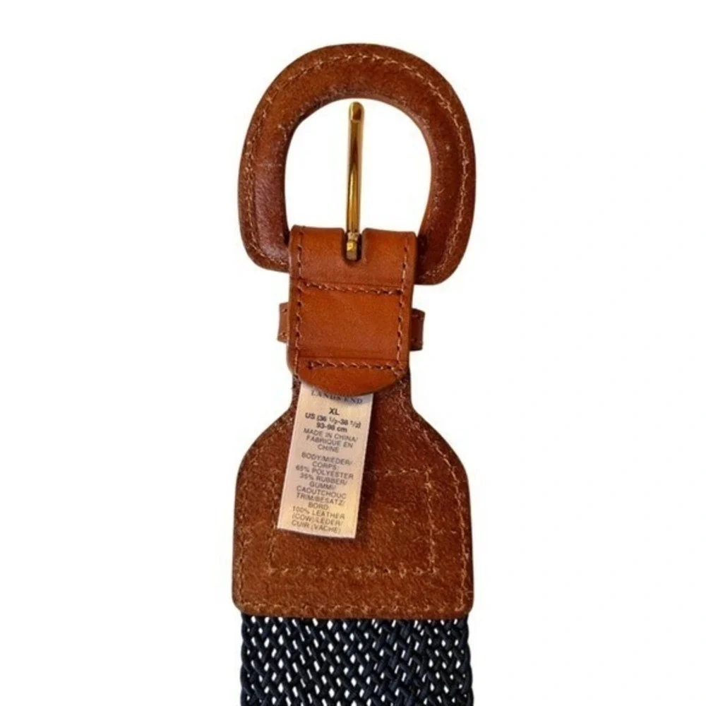 NWT Lands' End Woven Nylon Navy Stretch Belt with‎ Tan Leather Buckle Size XL